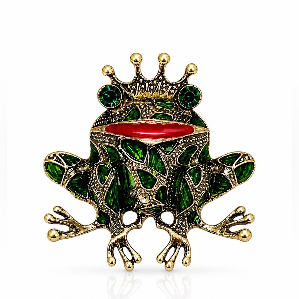 Vintage-Gold Tone Frog Brooch with Green and Red Enamel